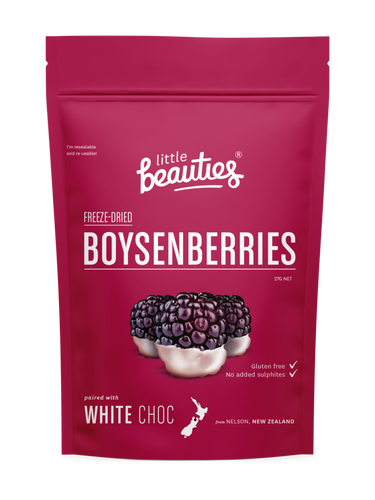 Freeze-Dried Boysenberries Paired with White Choc